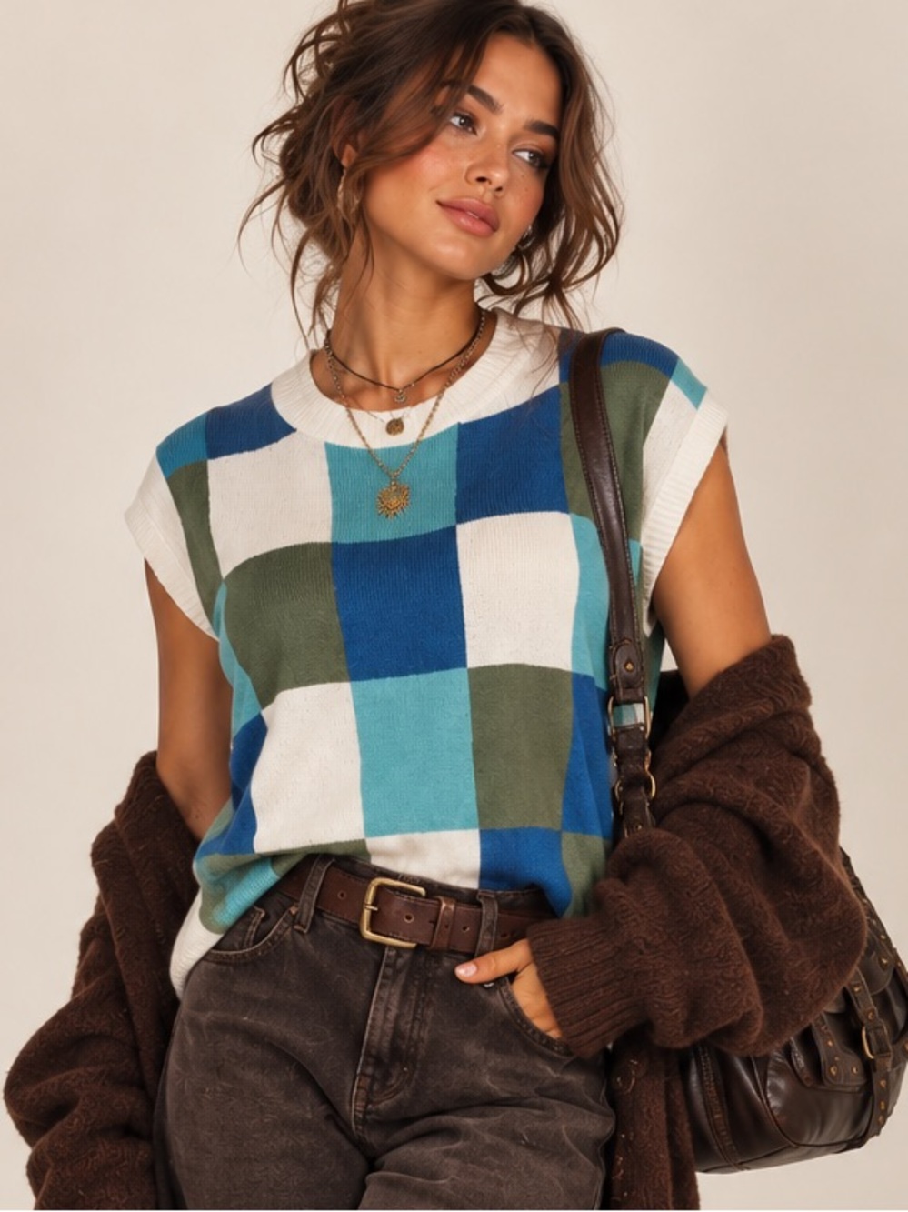 One Eleven North Disco Darling Checkered Sweater Vest Blue Green Y2K Size S